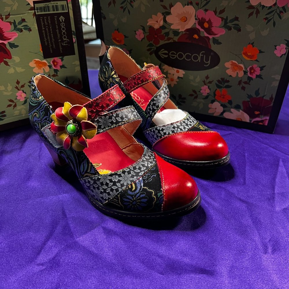 NEW📌Socofy  Leather Pumps Round Toe Floral Contrast Color Comfort Ankle Strap